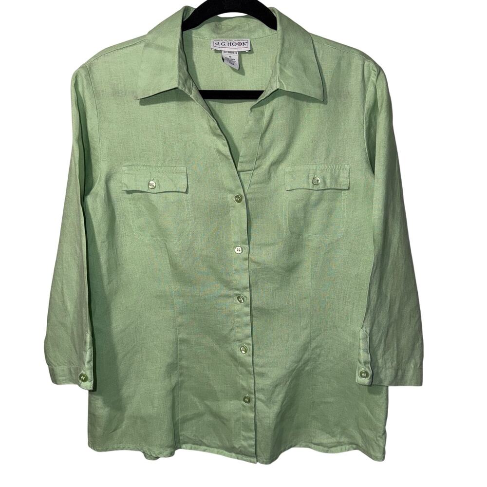 Vintage J.G. Hook 100% Linen Button Up Shirt Sage Green Women's Size 12